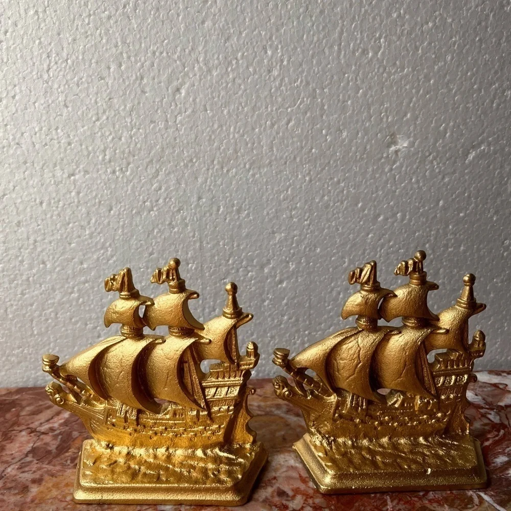 Antique Bronze gilded Bookend Sailing Boat 1803 Galleon Time Of Elizabeth Stamp